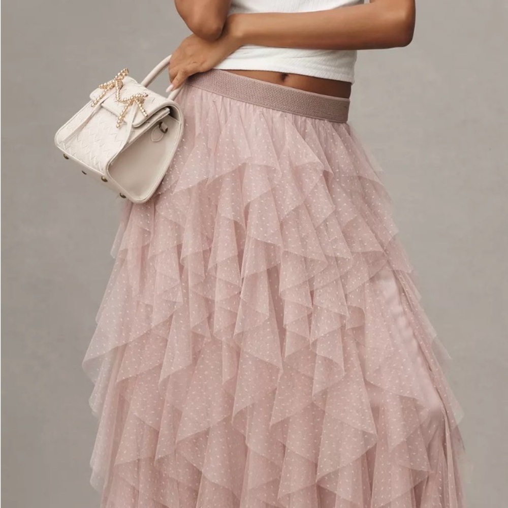 The Chéri Ruffled Tulle Midi Skirt by Anthropologie Elegant Pink Layered Skirt